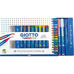 Акварелни двувърхи маркери GIOTTO Turbo Pro, четка и скосен връх, 15 цвята