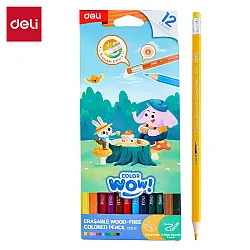 Изтриваеми цветни моливи Deli Color wow! EC102-12, с гума, шестоъгълно тяло, 12 цвята
