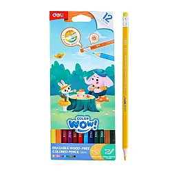 Изтриваеми цветни моливи Deli Color wow! EC102-24, с гума, шестоъгълно тяло, 24 цвята