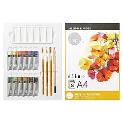 Комплект за рисуване DALER-ROWNEY Simply Acrylic, акрилни бои, четки и скицник, 25 части