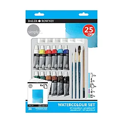 Комплект за рисуване DALER-ROWNEY Simply Watercolor, акварелни бои, четки и скицник, 25 части