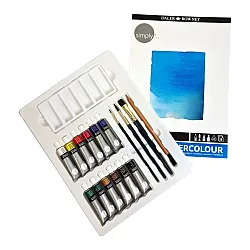 Комплект за рисуване DALER-ROWNEY Simply Watercolor, акварелни бои, четки и скицник, 25 части