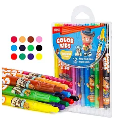 Пастели пластик Deli Color Kids EC223-12, въртящ механизъм, ф10 мм, 165 мм, 12 цвята, в PVC опаковка