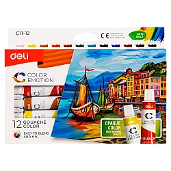Темперни бои Deli Color Emotion EC11-12, на водна основа, в тубички 12 мл, 12 цвята