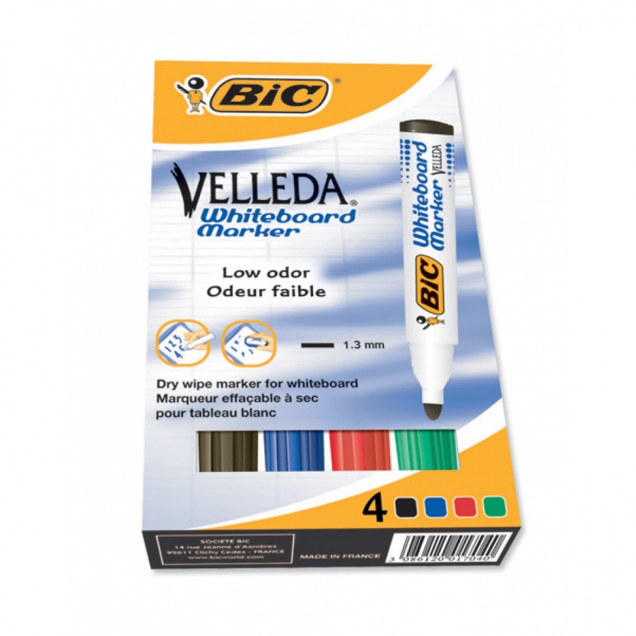 Комплект маркери за бяла дъска BIC Eco Velleda 1704 объл връх, 1,5 мм, 4 цв.