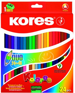Двуцветни моливи KORES KOLORES DUO, триъгълни 24 цв., кутия