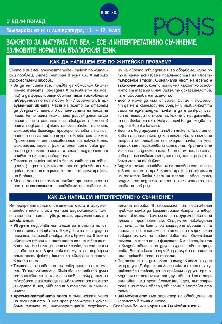 Български език и литературата с един поглед: Важното за матурата по български език и литература – есе и интерпретативно съчинение, езиковите норми на българския език за 11 - 12. клас (Pons)