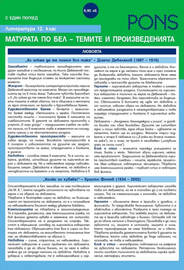 Литература с един поглед: Матурата по Български език и литература – темите и произведенията за 12. клас (Pons)