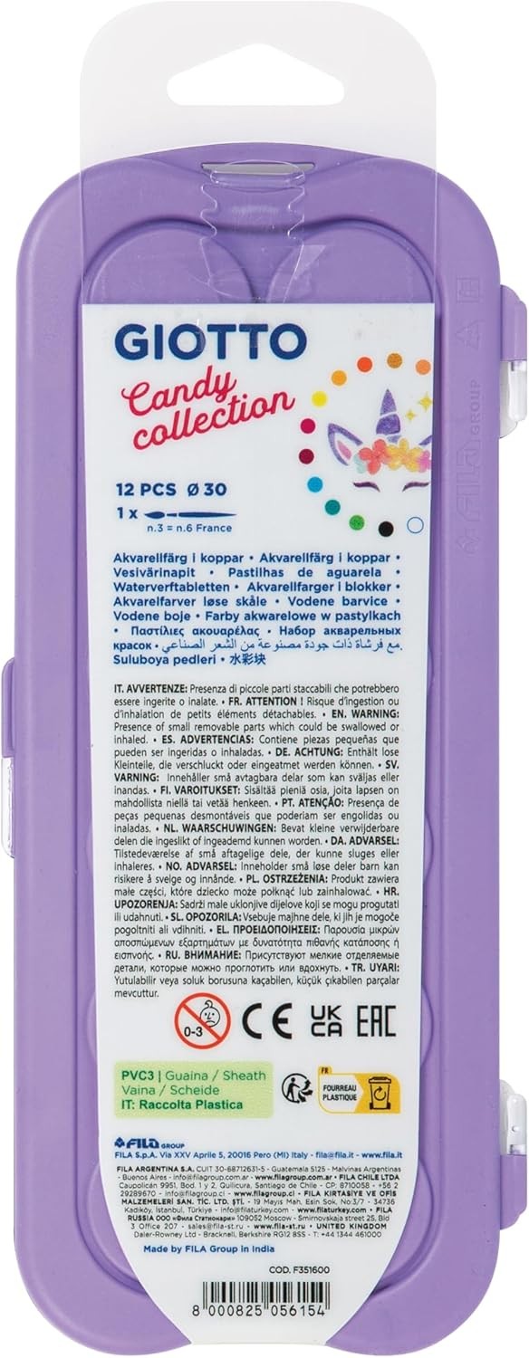 Акварелни бои GIOTTO Candy Collection, ф 30 мм, 12 цвята + четка