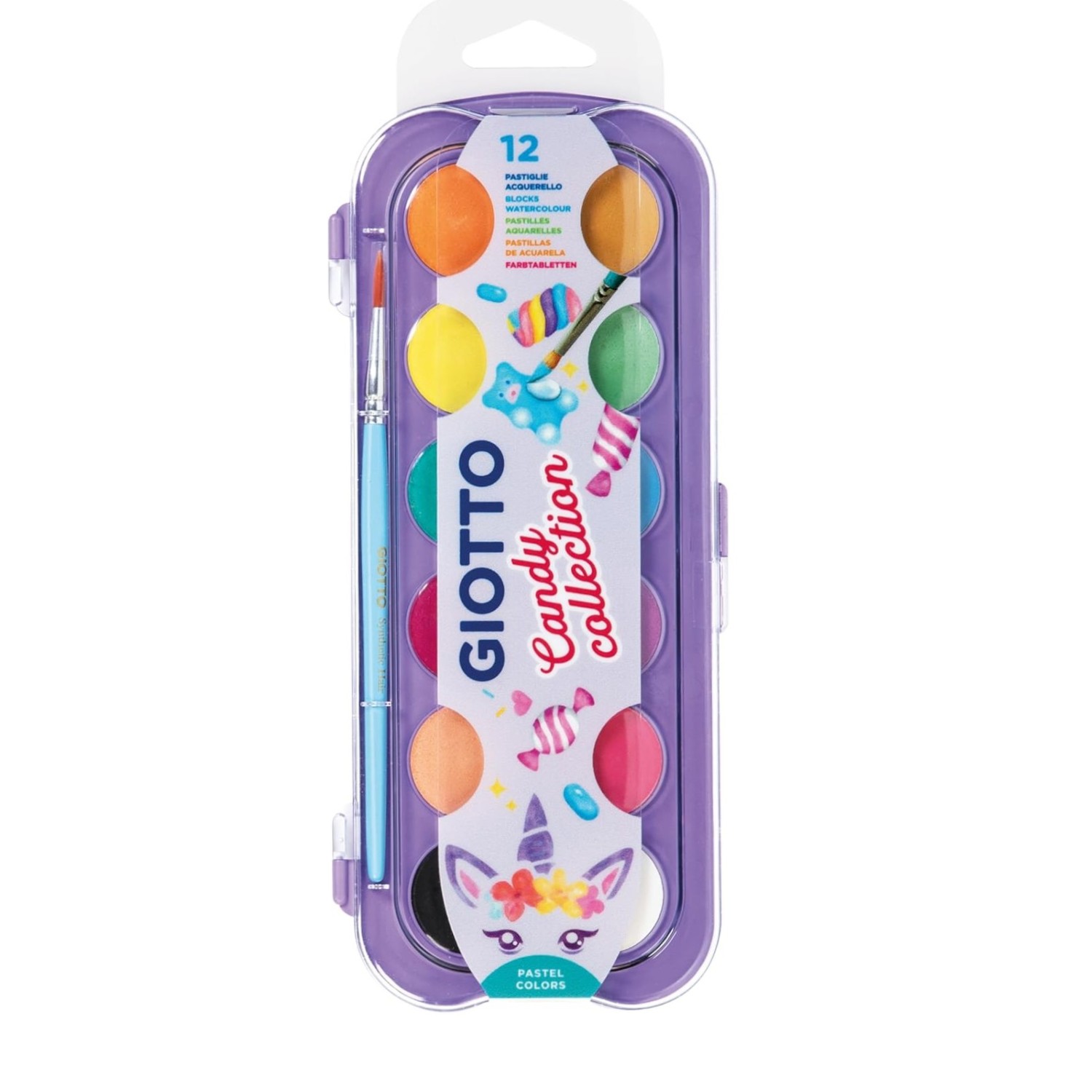 Акварелни бои GIOTTO Candy Collection, ф 30 мм, 12 цвята + четка