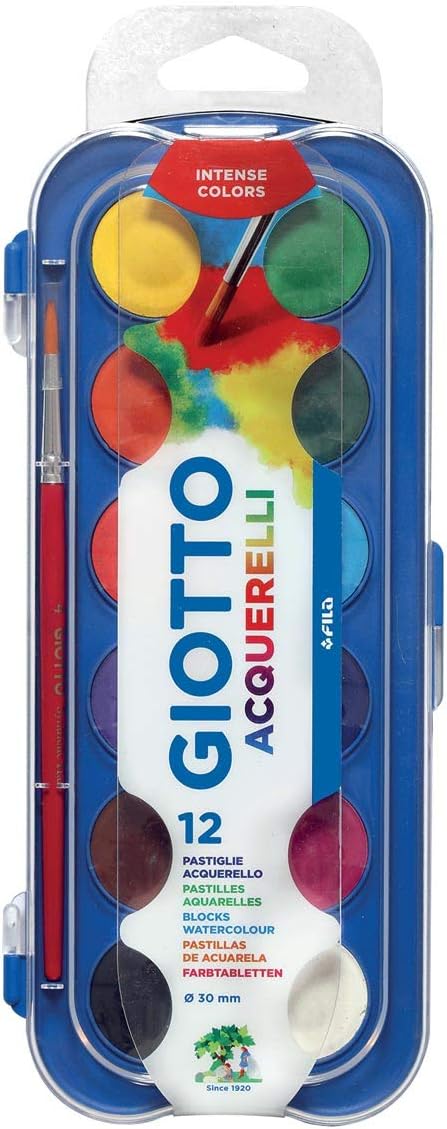 Акварелни бои GIOTTO, ф 30 мм, 12 цвята + четка
