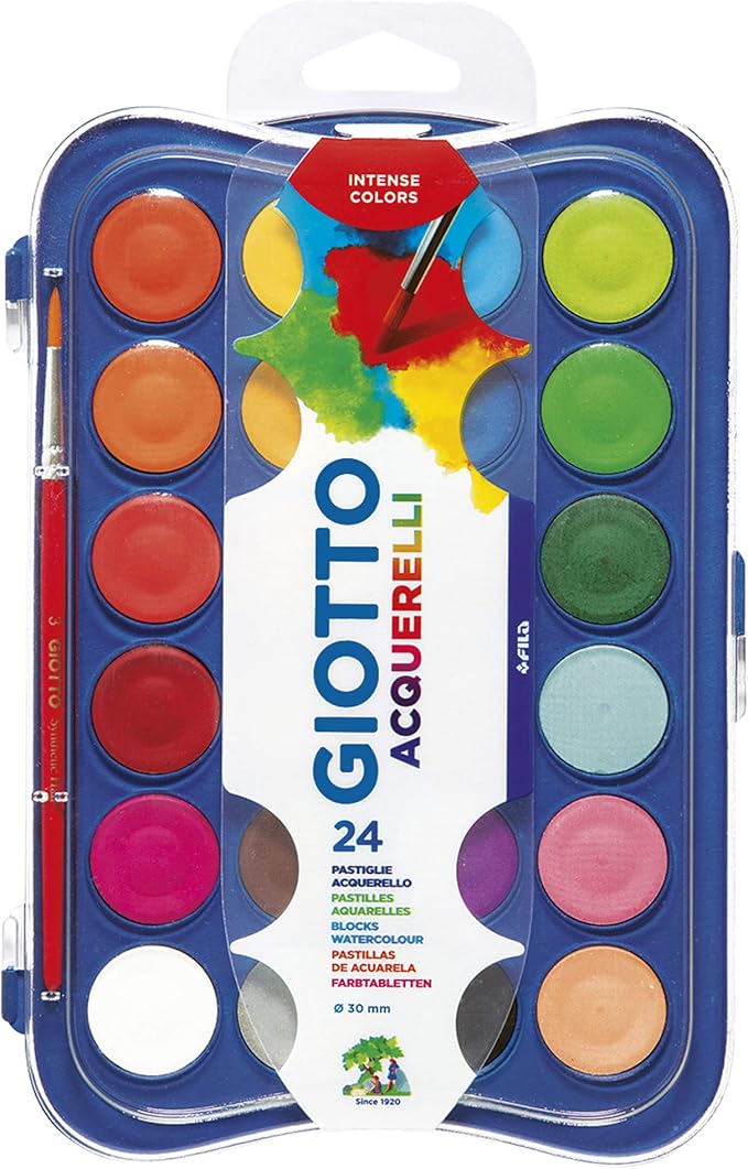 Акварелни бои GIOTTO, ф 30 мм, 24 цвята + четка