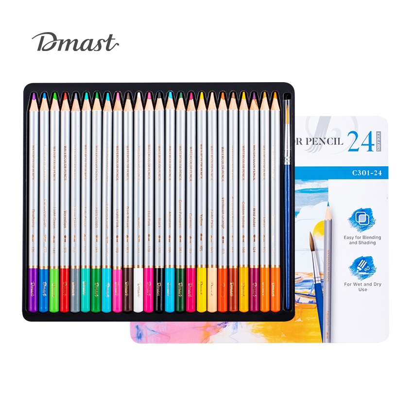 Акварелни цветни моливи Deli Dmast EC301-24, кръгло тяло, 24 цвята + четка, в метална кутия