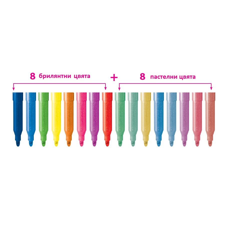 Флумастери с брокат MITAMA Glitter, 8 пастелни и 8 интензивни цвята