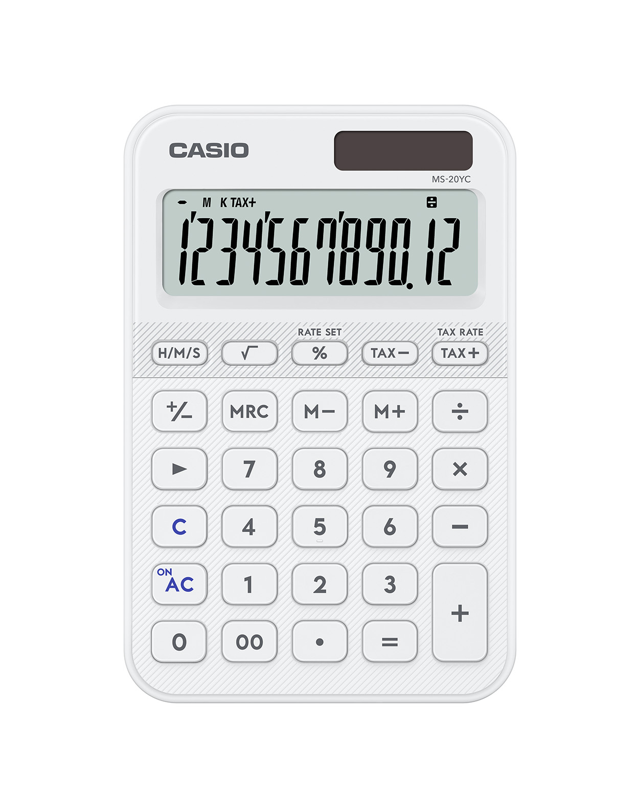 Калкулатор CASIO COLORFUL MS-20YC-W, настолен, 12 dgt, 154.5x101x18мм, бял
