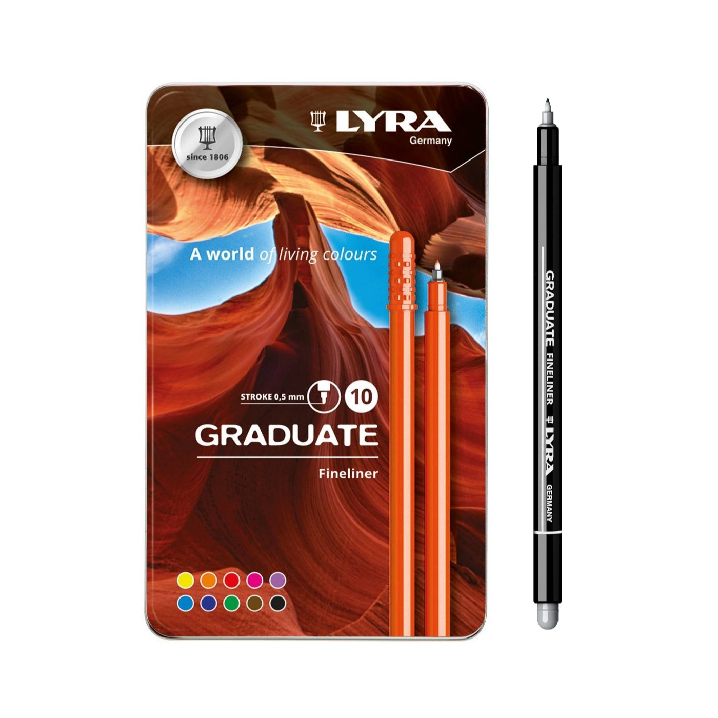 Комплект тънкописци LYRA Graduate, филцов връх 0.5 мм, 10 цвята, метална кутия