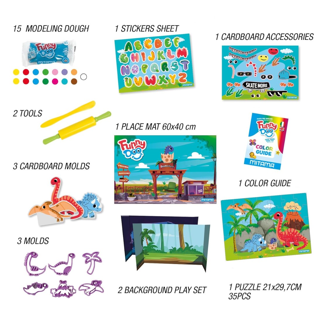 Комплект за моделиране MITAMA Funny Doo Dinos, 15 цвята моделин, с аксесоари, 33 части