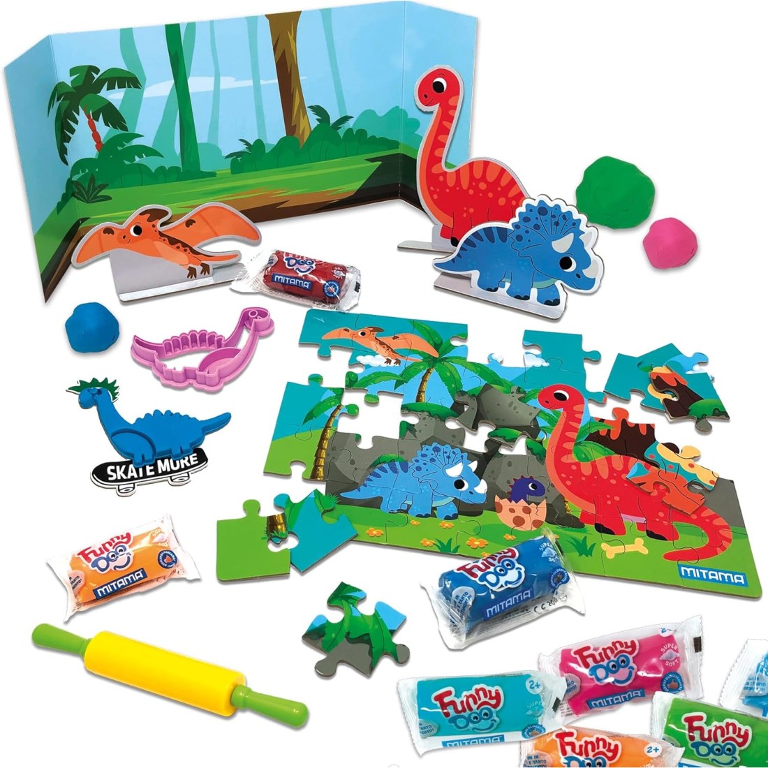 Комплект за моделиране MITAMA Funny Doo Dinos, 15 цвята моделин, с аксесоари, 33 части