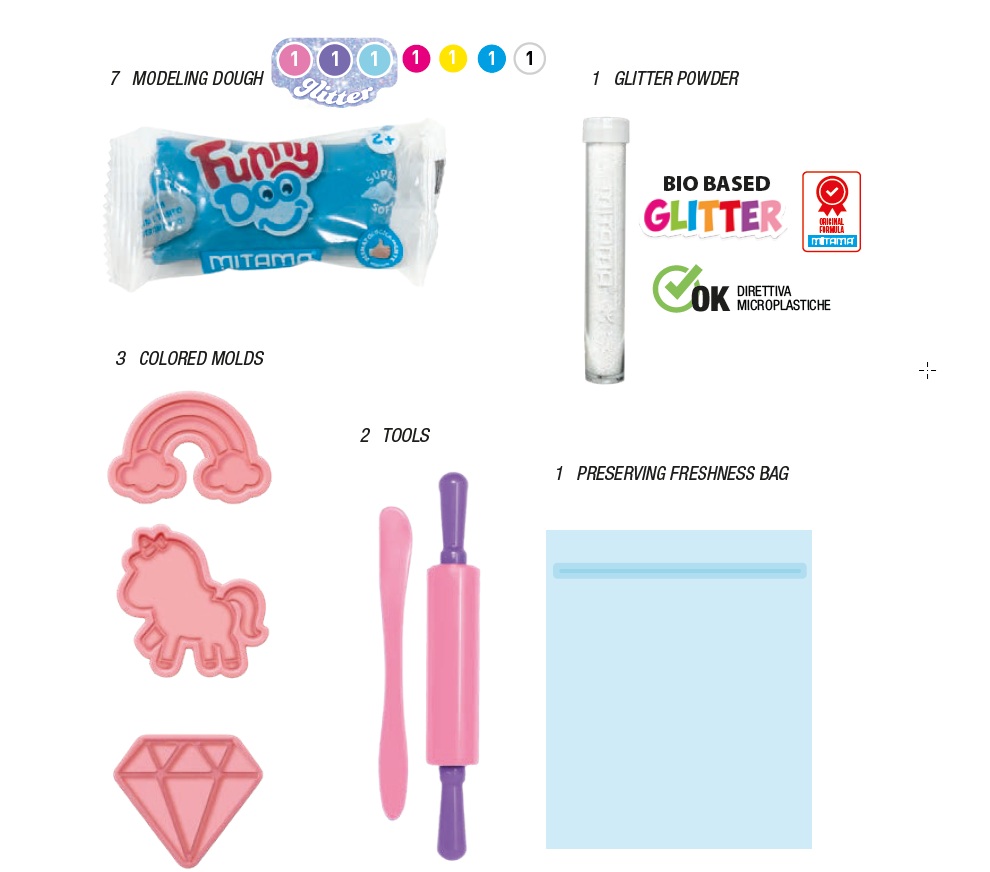 Комплект за моделиране MITAMA Funny Doo GlitterBag, 350 г, 7 цвята моделин, глитерен прах, 14 части