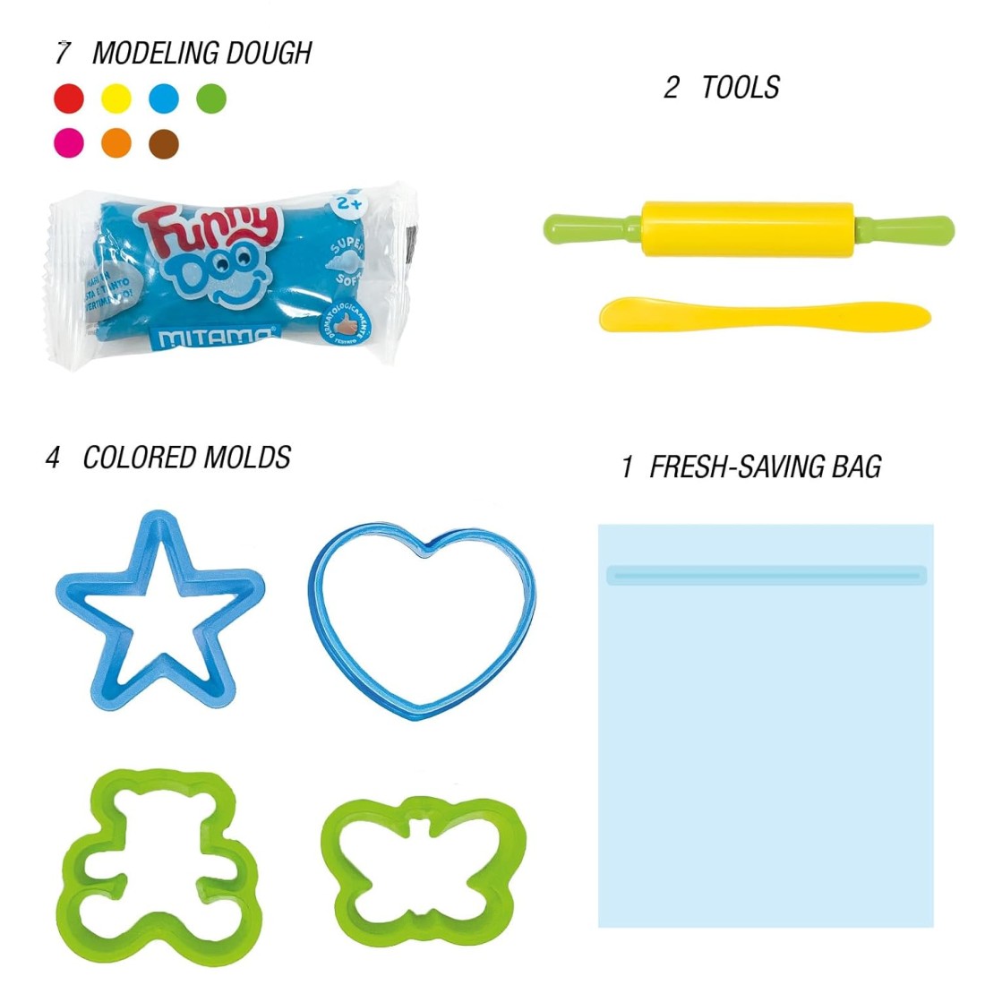 Комплект за моделиране MITAMA Funny Doo Happy Bag, 7 цвята моделин, с аксесоари, 14 части