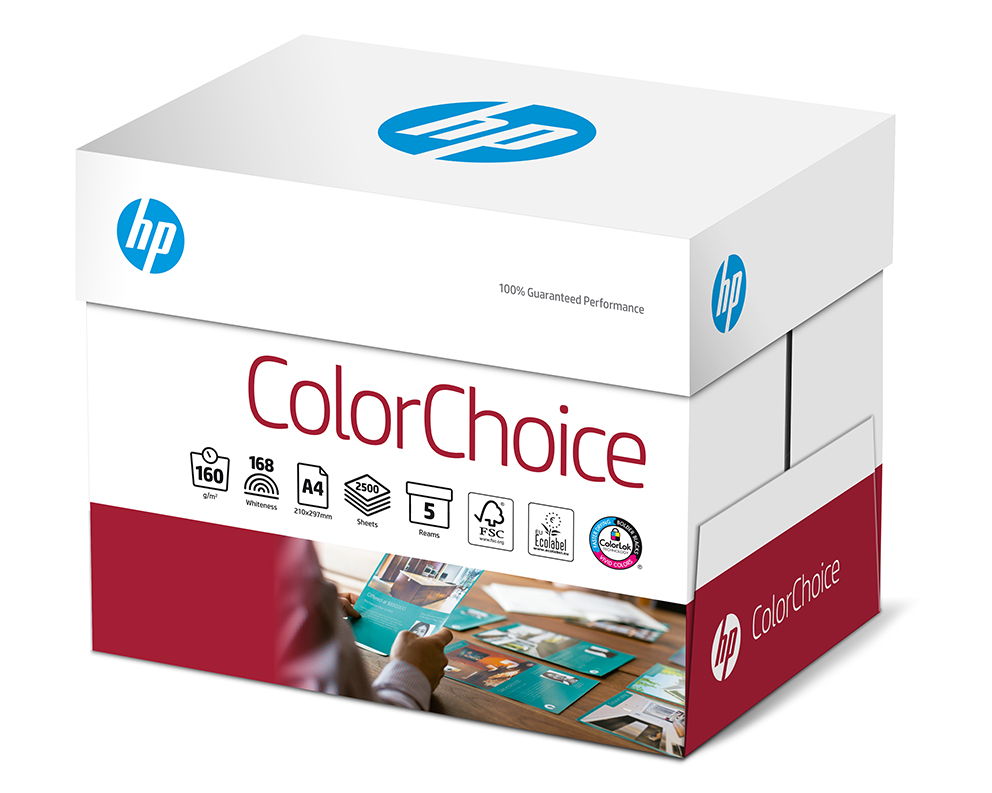 Копирна хартия HP Color Choice, А4, 160 г, бяла, CIE белота 168, FSC, пакет 250 л.