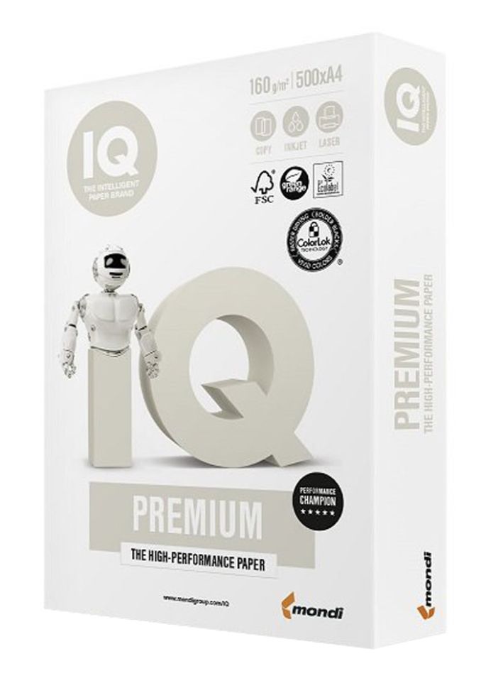 Копирна хартия IQ Premium, А4, 160 г, бяла, FSC, пакет 250 л.