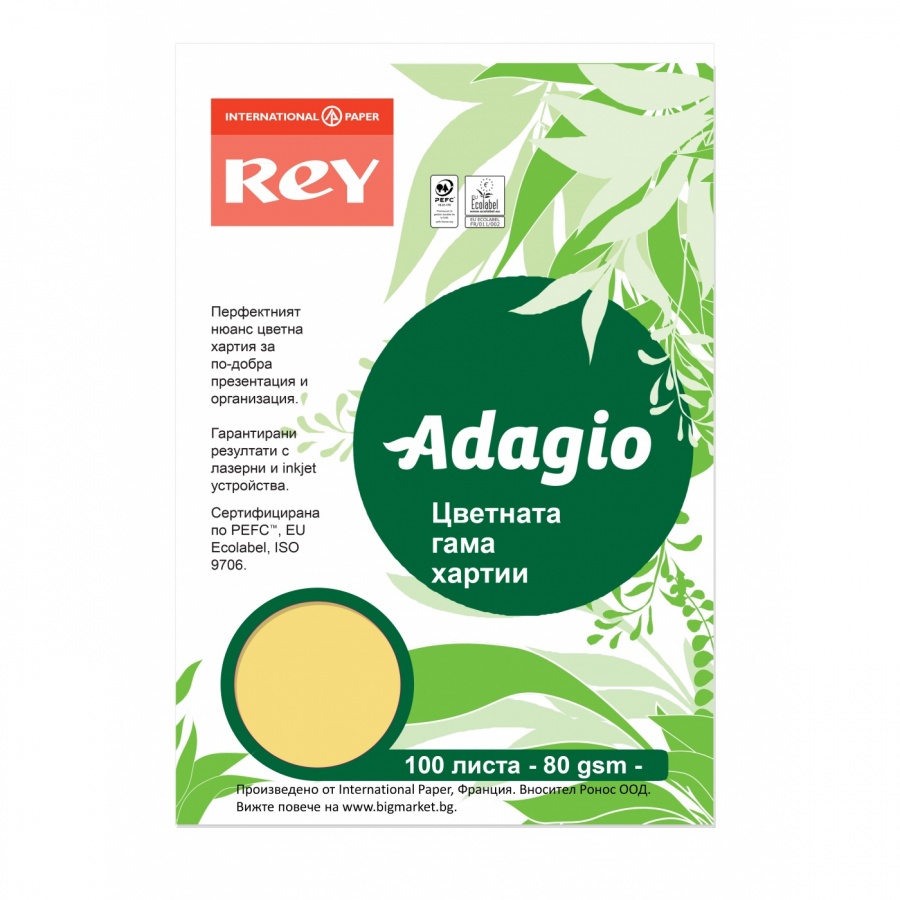 Копирна хартия REY Adagio, A4, 80 г, наситен цвят Buttercup (02), пакет 100 л.