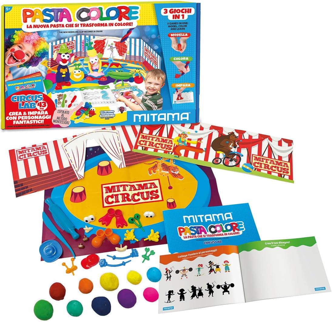 Креативен комплект MITAMA Pasta Colore Circus Lab, 10 цвята глина, 26 аксесоара, 2 циркови палатки