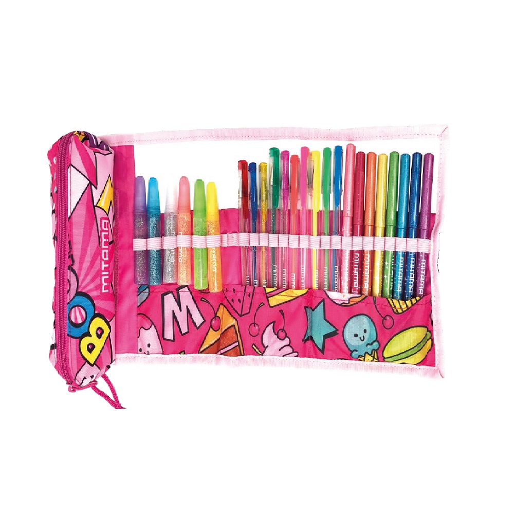 Навиващ се несесер MITAMA 2 in 1 Glitter Roll от 10 цветни химикалки, 7 лепила, 8 флумастери