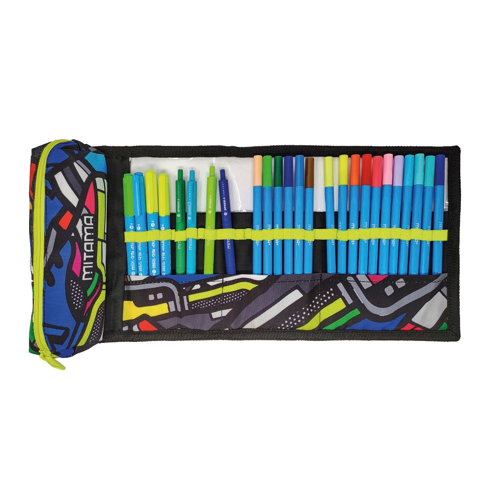 Навиващ се несесер MITAMA 2 in 1 Writing Roll от 17 тънкописци, 4 химикалки, 4 текстмаркери