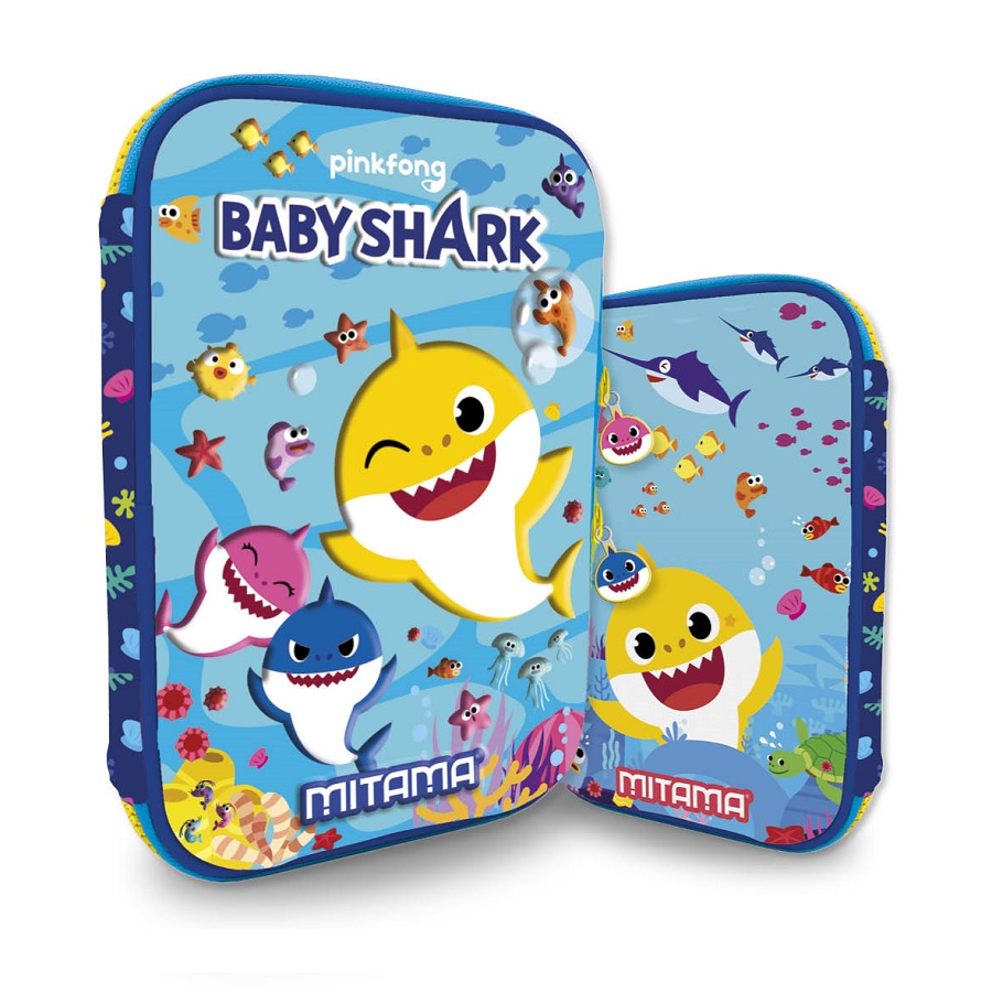 Несесер с пълнеж MITAMA Baby Shark 3D от 8 флумастери и 8 восъчни пастели