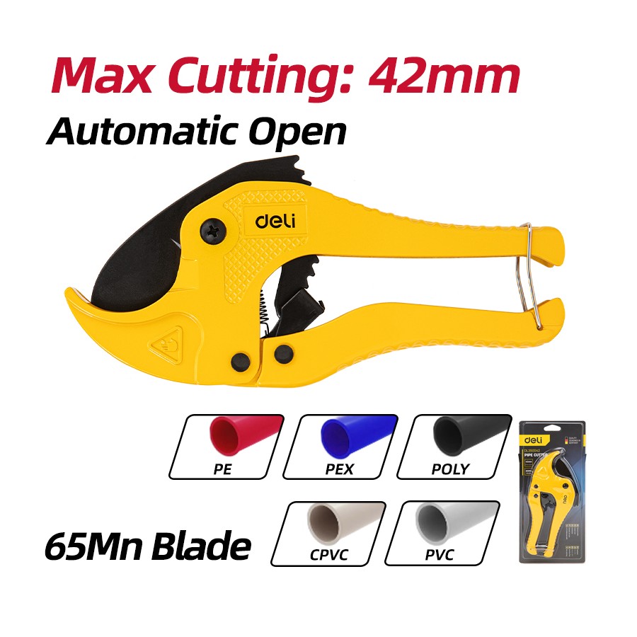 Ножица за PVC/PPR тръби Deli TOOLS EDL350042, 42 мм, алуминиева, жълта