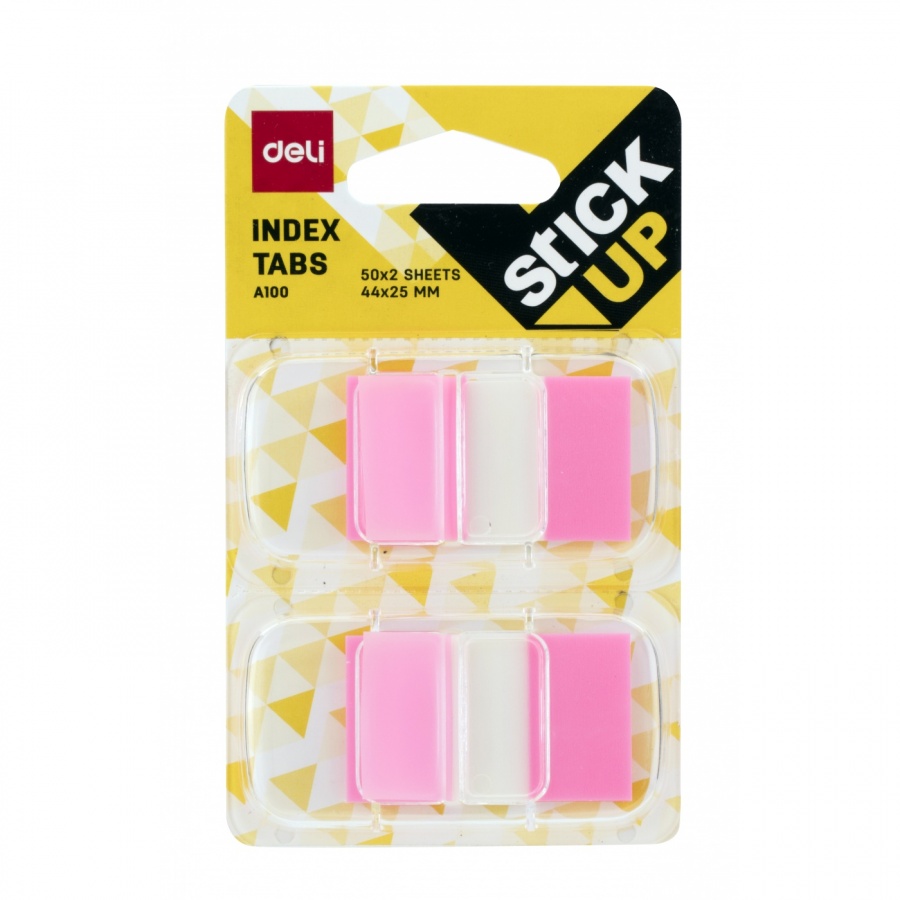 Самозалепващи индекси с диспенсър Deli Stick Up EA10001, PVC, 25х44 мм, 2х50 л., неоново розови