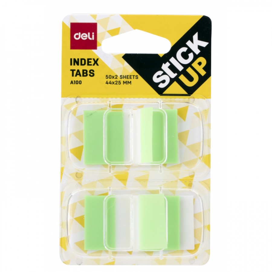 Самозалепващи индекси с диспенсър Deli Stick Up EA10001, PVC, 25х44 мм, 2х50 л., неоново зелени
