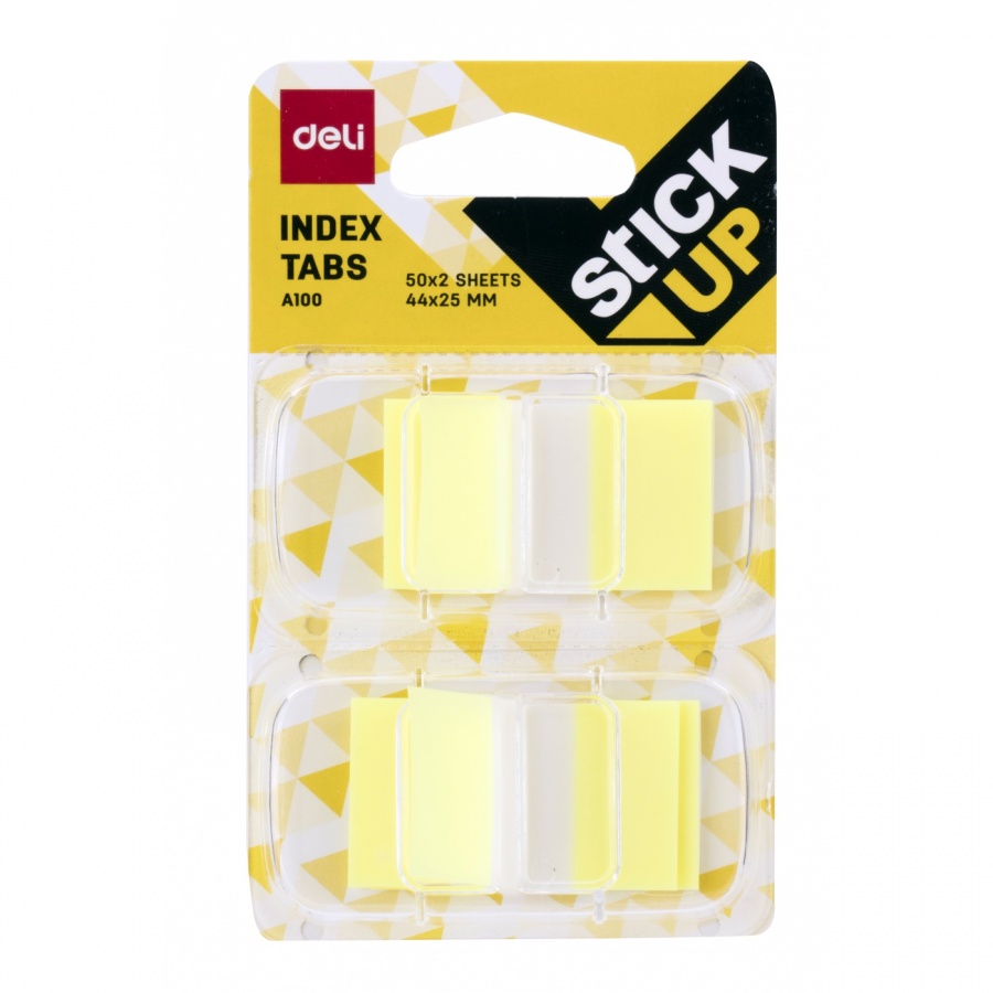 Самозалепващи индекси с диспенсър Deli Stick Up EA10001, PVC, 25х44 мм, 2х50 л., неоново жълти