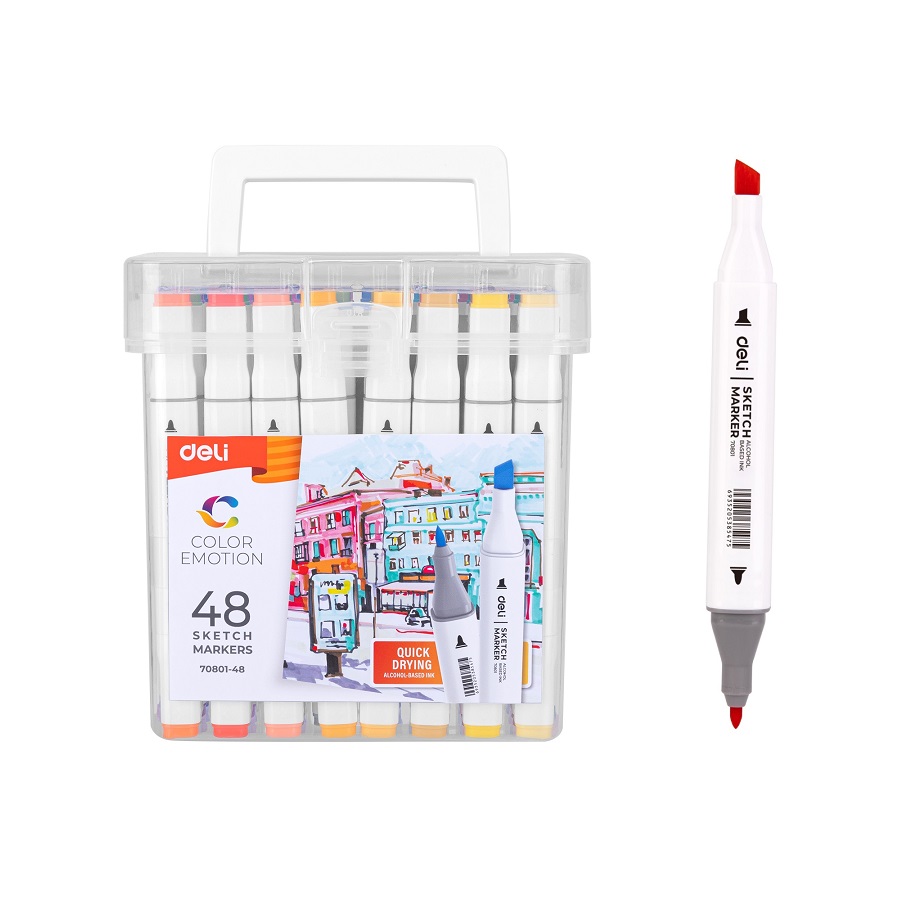 Sketch маркери Deli Color Emotion E70801-48, объл връх 1 мм, скосен връх 7 мм, 48 цвята