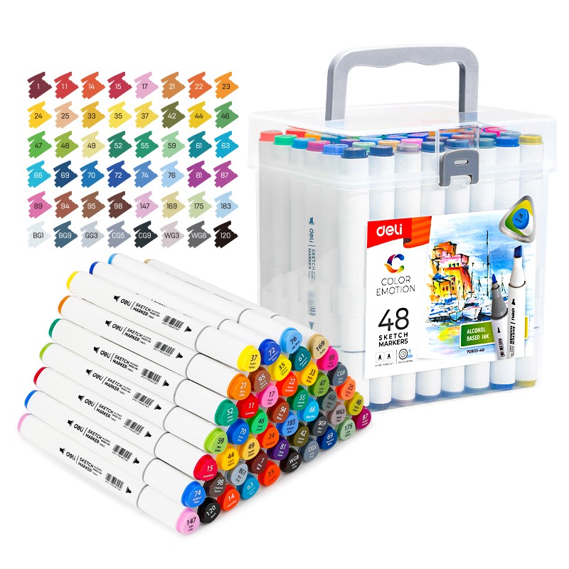 Sketch маркери Deli Color Emotion E70803-48, объл връх 1 мм, скосен връх 7 мм, 48 цвята