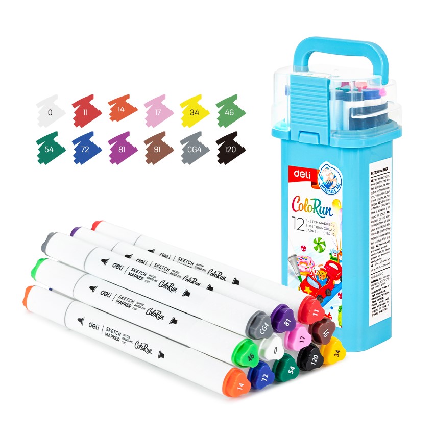 Sketch маркери Deli ColoRun EC187-12, объл връх 1 мм, скосен връх 5 мм, 12 цвята