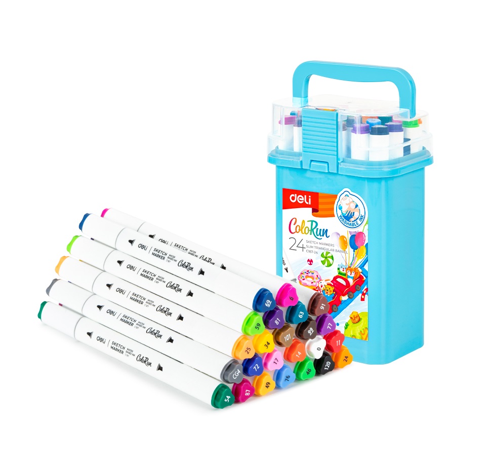 Sketch маркери Deli ColoRun EC187-24, объл връх 1 мм, скосен връх 5 мм, 24 цвята
