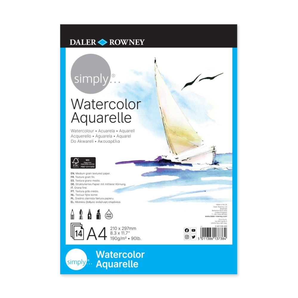 Скицник за акварелни бои DALER-ROWNEY Simply Watercolor, А4, 190 г/кв.м, 12 л.