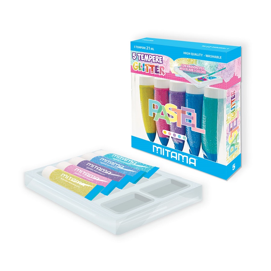 Темперни бои с брокат MITAMA Pastel, в тубички 21 мл, 5 цвята