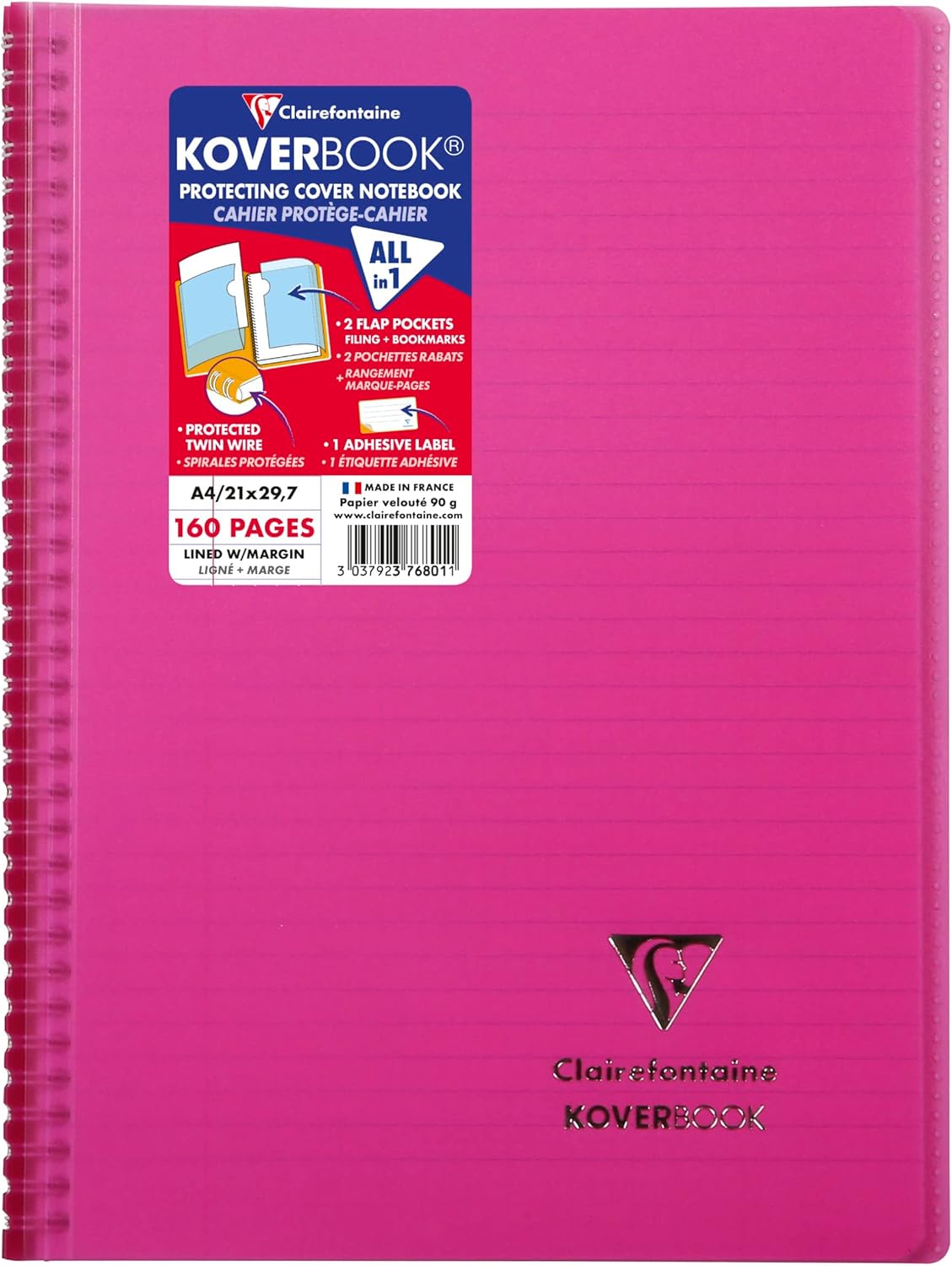 Тетрадка със спирала Clairefontaine Koverbook, А4+, 80 л., линиран офсет 90 г, PP подвързия, циклама
