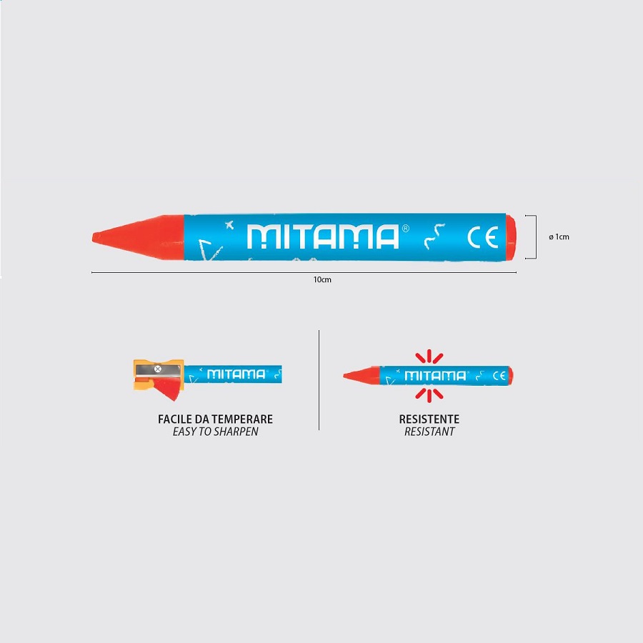 Восъчни пастели MITAMA Super Washable, ф 10 мм, 100 мм, 10 интензивни + 4 неонови цвята